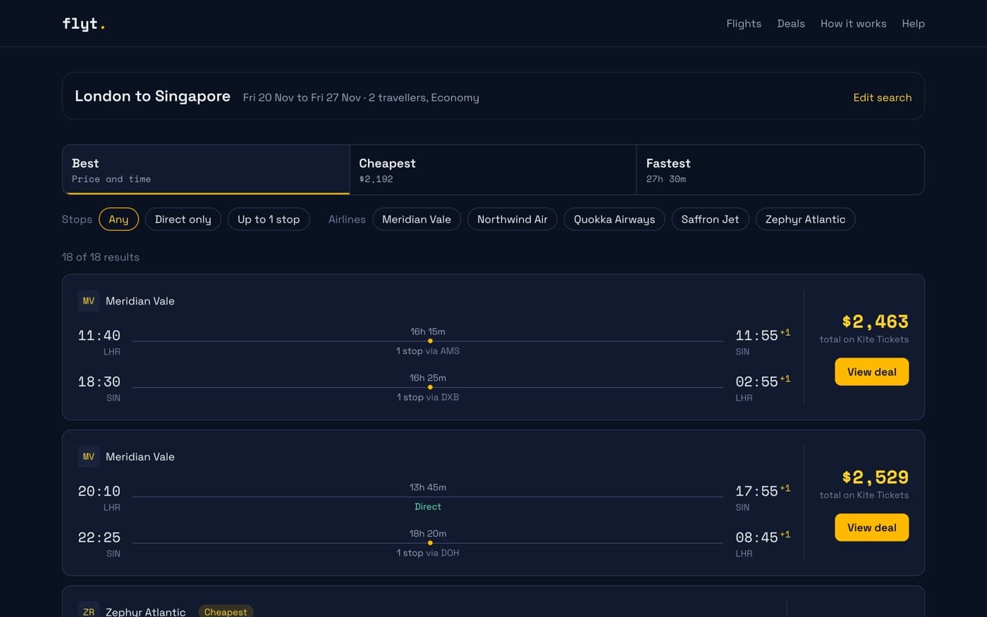 Flight search results with fares from several partners side by side