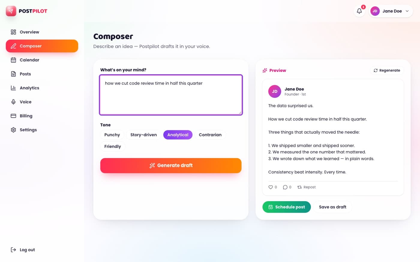 Postpilot composer drafting a LinkedIn post