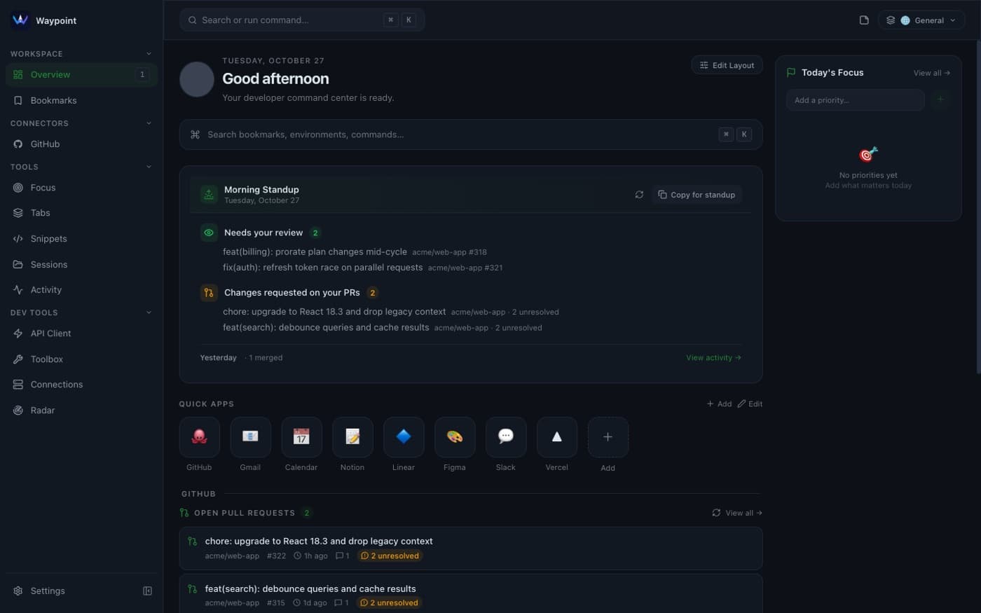 Waypoint new tab page with pull requests, bookmarks and snippets